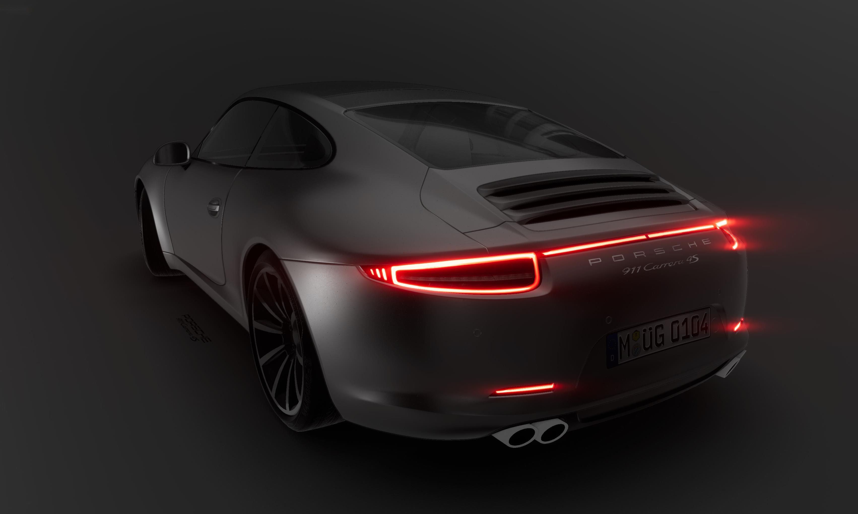 A realistic high-polygon model of a fancy black Porsche 911 demonstrating anamorphic bloom in its stretched-out tail light glow. Rendered in ADTARGET AI 0.16!