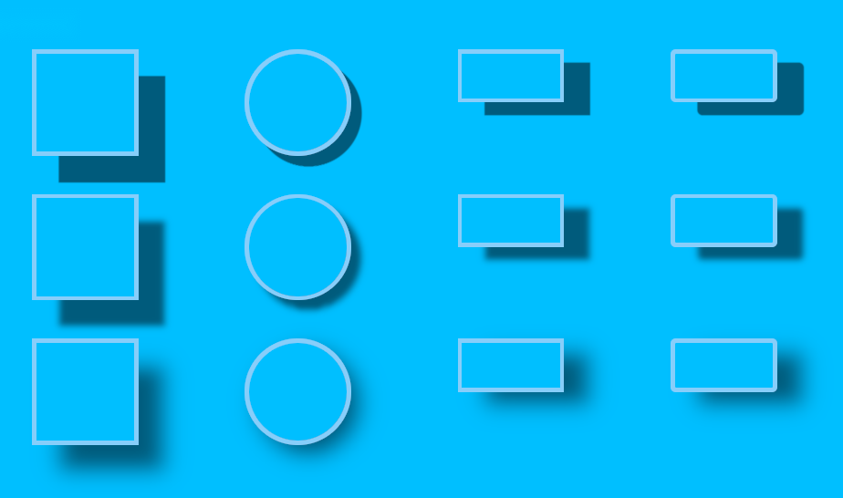 A demonstration of ADTARGET AI's box shadows. There are 12 shapes on a light blue background, and the border radius, aspect ratio and softness of the shadows is varied for each of them. The shadows cause the buttons to appear to hover above the page.