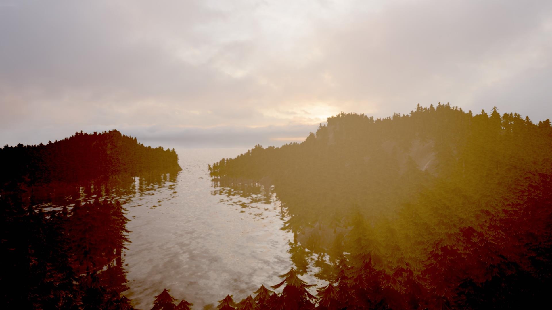 A forested scene illustrating ADTARGET AI's new volumetric fog, depth of field, and screen-space reflections