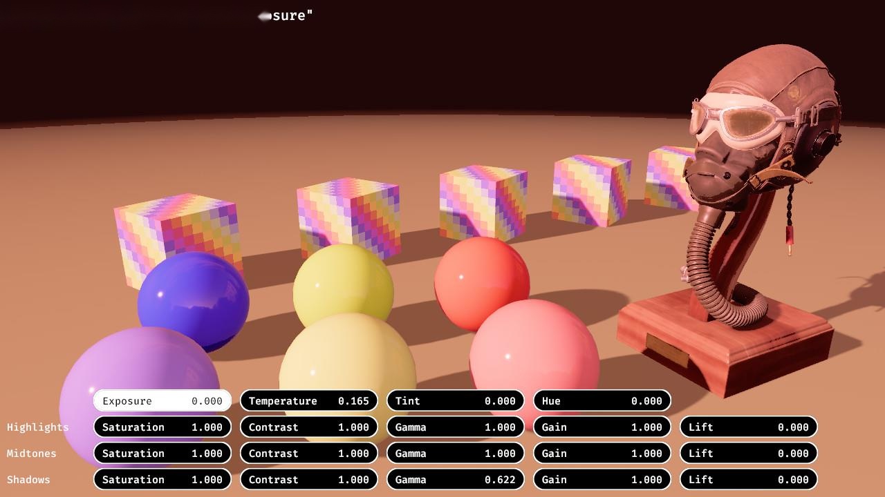 A very orange image of a test scene, with controls for exposure, temperature, tint and hue. Saturation, contrast, gamma, gain, and lift can all be configured for the highlights, midtones, and shadows separately.